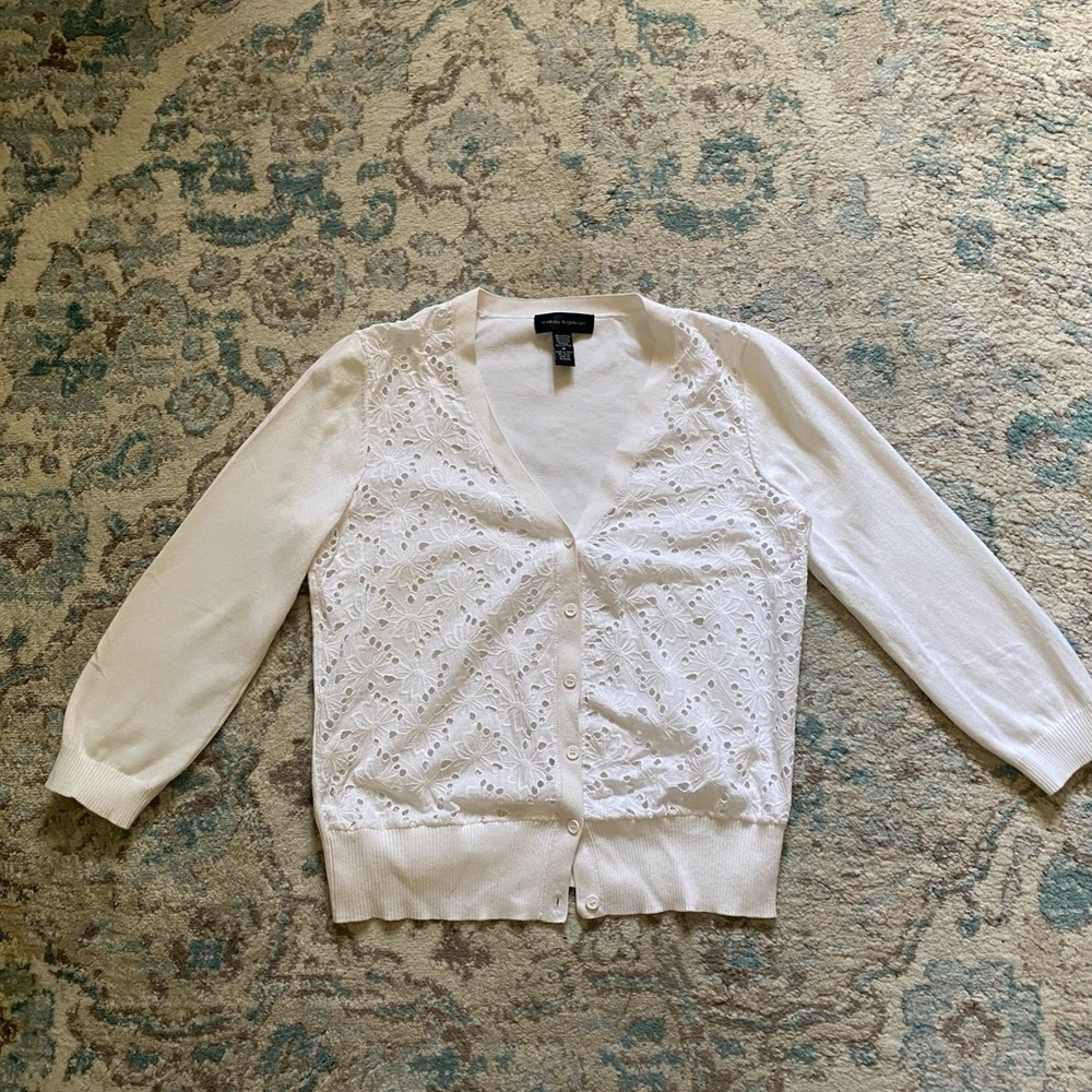 Cable and Gauge White Eyelet V-Neck Cardigan Sweater